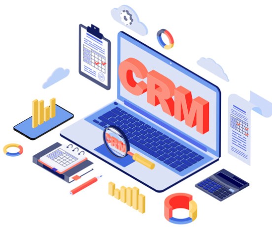 CRM system isometric vector illustration. Customer, management, marketing automation software 3d concept isolated on white. Clients database. Working process, workflow organization and optimization